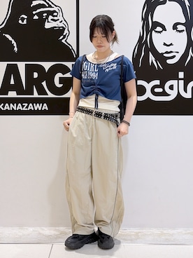 「X-girl（エックスガール）のLAYERED STYLE PANELED GRAPHIC S/S TOP（Tシャツ/カットソー、ブルー系）」を使った、かももさん（レディース・160cm）の夏コーディネート