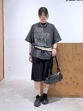 「X-girl（エックスガール）のDISTRESSED BIG TEE DRESS（ワンピース、ブラック系）」を使った、かももさん（レディース・160cm）の夏コーディネート