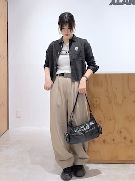 「X-girl（エックスガール）のFACE LABEL L/S COMPACT SHIRT（シャツ/ブラウス、ブラック系）」を使った、かももさん（レディース・160cm）の夏コーディネート