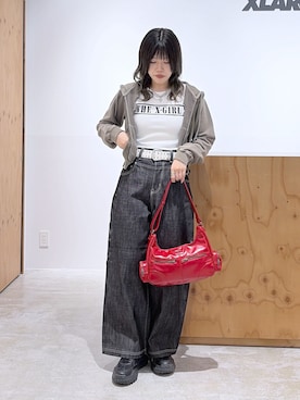 「X-girl（エックスガール）のSTENCIL LOGO S/S BABY TEE（Tシャツ/カットソー、ホワイト系）」を使った、かももさん（レディース・160cm）の春コーディネート