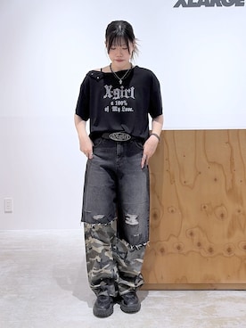 「X-girl（エックスガール）の2WAY SHOULDER S/S TEE（Tシャツ/カットソー、ブラック系）」を使った、かももさん（レディース・160cm）の春コーディネート