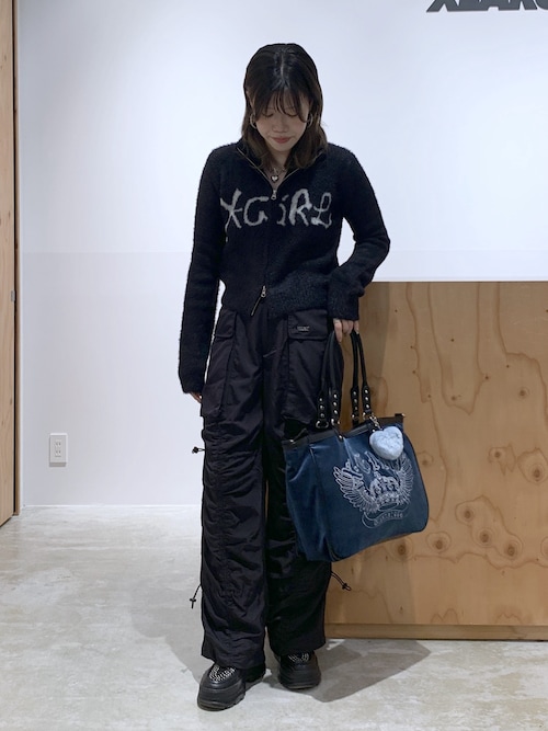 LOGO JACQUARD ZIP UP SHAGGY KNIT TOP（ニット/セーター）｜X-girl