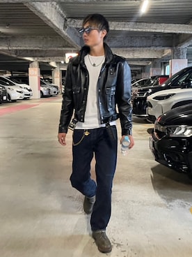 「アイテム（ライダースジャケット）」を使った、たぐちさん（メンズ・176cm）の秋コーディネート