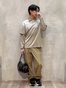 「Desigual（デシグアル）のタイダイ グラデーション ダブルスリーブ ポロシャツ / ニットコンビ（Tシャツ/カットソー、ブラウン系）」を使った、Desigual原宿 STAFFさん（メンズ・167cm）の春コーディネート