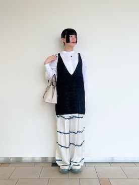 「URBAN RESEARCH（アーバンリサーチ）の『2サイズ展開』シルクミックスボーダープリントパンツ（Pants、ホワイト系）」を使った、𖤐KIRA𖤐 さん（レディース・158cm）の春コーディネート