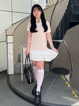 「one after another NICE CLAUP(ワンアフターアナザーナイスクラップ)のニットドッキング半袖チュニックシャツワンピース(ワンピース、ピンク系)」を使った、ねねさん(レディース・148cm)の夏コーディネート