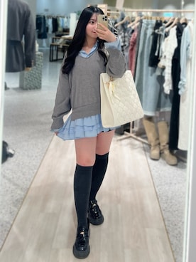 「one after another NICE CLAUP(ワンアフターアナザーナイスクラップ)のドッキングミニワンピース(ワンピース、グレー系)」を使った、ねねさん(レディース・148cm)の春コーディネート
