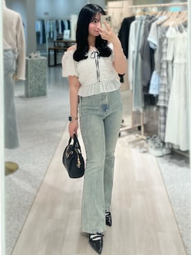 「one after another NICE CLAUP(ワンアフターアナザーナイスクラップ)の【選べる4サイズ展開】サイドカット美脚ビジューデニムパンツ(デニムパンツ、ブルー系)」を使った、ねねさん(レディース・148cm)の夏コーディネート