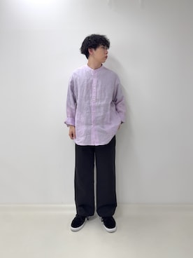 「GLOSTER（グロスター）の【リネン100％】バンドカラーシャツ（シャツ/ブラウス、パープル系）」を使った、りきさん（メンズ・168cm）の春コーディネート