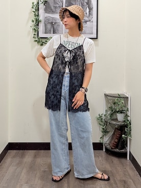 「Right-on（ライトオン）のHONEYSUCKLE ROSE(ハニーサックルローズ)アソートグラフィックＴシャツ（Tシャツ/カットソー、ホワイト系）」を使った、AYUMiさん（レディース・166cm）の夏コーディネート