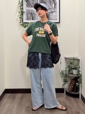 「HONEYSUCKLE ROSE（ハニーサックルローズ）のマエアキリボンレースキャミ（Tシャツ/カットソー、ブラック系）」を使った、AYUMiさん（レディース・166cm）の夏コーディネート