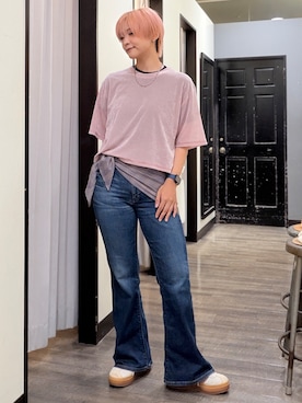 「SOMETHING（サムシング）のLISA MORE FLARE（其他褲裝、ブルー系）」を使った、AYUMiさん（レディース・166cm）の夏コーディネート