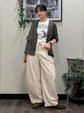 「SOMETHING（サムシング）のSOMETHING(サムシング)サマータックカーブパンツ（その他パンツ、ホワイト系）」を使った、AYUMiさん（レディース・166cm）の夏コーディネート