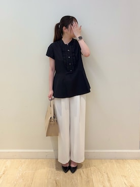 「NOLLEY’S（ノーリーズ）のHINERI ソフトレザーバッグM（トートバッグ、ベージュ系）」を使った、nanamiさん（レディース・163cm）の春コーディネート