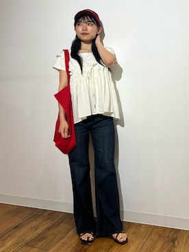 「SMELLY(スメリー)のウェーブレタリングキャップ(キャップ、レッド系)」を使った、あんりさん(レディース・152cm)の夏コーディネート