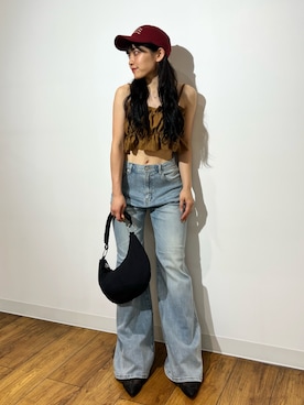 「SMELLY(スメリー)のウェーブレタリングキャップ(キャップ、レッド系)」を使った、あんりさん(レディース・152cm)の夏コーディネート