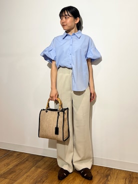 「SENSE OF PLACE by URBAN RESEARCH(センスオブプレイスバイアーバンリサーチ)のバルーンスリーブオーバーシャツ(シャツ/ブラウス、ブルー系)」を使った、あんりさん(レディース・152cm)の夏コーディネート
