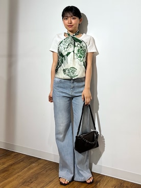 「SENSE OF PLACE by URBAN RESEARCH(センスオブプレイスバイアーバンリサーチ)のラウンドネックリブTシャツ(半袖)(Tシャツ/カットソー、ホワイト系)」を使った、あんりさん(レディース・152cm)の夏コーディネート