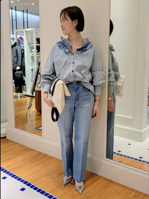 RM denim】フリルギャザーデニムブラウス（シャツ/ブラウス）｜Rie