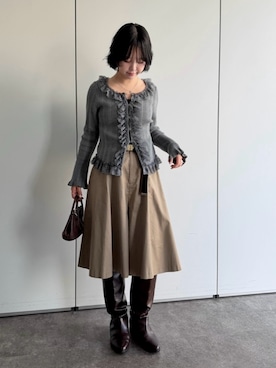 「DouDou（ドゥドゥ）のレースフリルニットカーディガン（カーディガン/ボレロ、グレー系）」を使った、madokaさん（レディース・156cm）の夏コーディネート