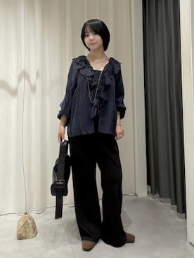 「DouDou（ドゥドゥ）のキュプラレースフリルブラウス（シャツ/ブラウス、ブルー系）」を使った、madokaさん（レディース・156cm）の夏コーディネート