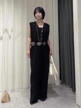 「DouDou（ドゥドゥ）のフロントボタンニットオールインワン（つなぎ/オールインワン、ブラック系）」を使った、madokaさん（レディース・156cm）の夏コーディネート