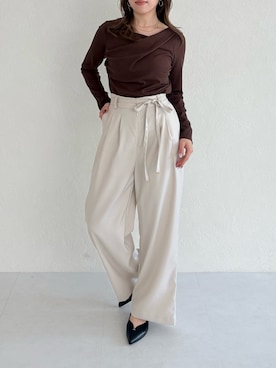 「MISCH MASCH（ミッシュマッシュ）の細リボンワイドパンツ（その他パンツ、ベージュ系）」を使った、MISCHMASCH ECさん（レディース・150cm）の夏コーディネート