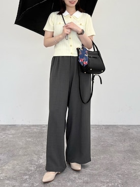 「MISCH MASCH（ミッシュマッシュ）の2026春夏新作 シャツダブル衿半袖ケーブルニットカーディガン（ニット/セーター、イエロー系）」を使った、MISCHMASCH ECさん（レディース・150cm）の夏コーディネート