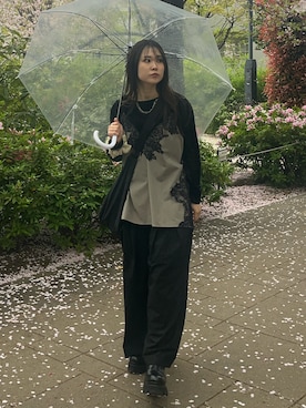 「CITY TOKYO（シティトウキョウ）のStriped Wide Pants/ストライプワイドパンツ（その他パンツ、ブラック系）」を使った、namiさん（レディース・160cm）の春コーディネート