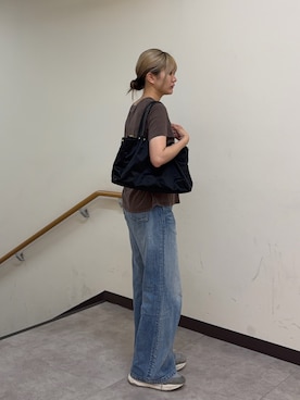 「russet（ラシット）の【撥水】ナイロン三層2WAYトートバッグ（トートバッグ、ブラック系）」を使った、Rikopiさん（レディース・165cm）の夏コーディネート