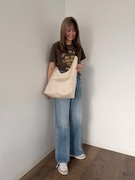 「russet（ラシット）のキャンバスホーボーバッグ（ショルダーバッグ、ホワイト系）」を使った、Rikopiさん（レディース・165cm）の夏コーディネート