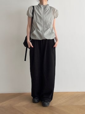 「CANAL JEAN（キャナルジーン）の【選べる2丈】El mar　Newワイドレッグスウェットパンツ（スウェットパンツ、ブラック系）」を使った、nicoさん（レディース・154cm）の夏コーディネート