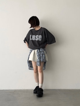 「CANAL JEAN（キャナルジーン）のLakey Park　ピグメントショートパンツ（その他パンツ、ベージュ系）」を使った、nicoさん（レディース・154cm）の夏コーディネート