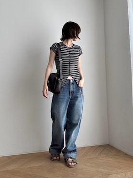 「CANAL JEAN（キャナルジーン）のEl mar　ダブルベルトスリッパ（サンダル、グリーン系）」を使った、nicoさん（レディース・154cm）の夏コーディネート