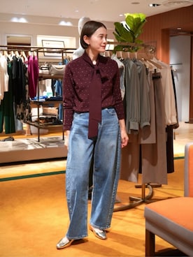 「BALLSEY（ボールジィ）のカラードット ボウタイプルオーバー（ニット/セーター、レッド系）」を使った、Shima_TOMORROWLANDさん（レディース・160cm）の秋コーディネート