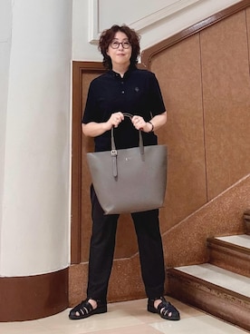 「TAKEO KIKUCHI（タケオキクチ）の【COOL CITY WEAR】エアートール ポロシャツ /接触冷感・通気性（ポロシャツ、ブラック系）」を使った、のぐみさん（メンズ・155cm）の夏コーディネート