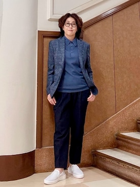 「TAKEO KIKUCHI（タケオキクチ）の【抗菌防臭】COOL DOTS（R）ドビープリント ジャケット（テーラードジャケット、ブルー系）」を使った、のぐみさん（メンズ・155cm）の夏コーディネート