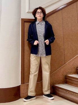 「TAKEO KIKUCHI（タケオキクチ）の【THE FLAGSHIP】先染めギャバジン チノスラックス（スラックス、ベージュ系）」を使った、のぐみさん（メンズ・155cm）の夏コーディネート