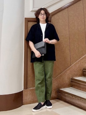 「TAKEO KIKUCHI（タケオキクチ）の【COOL CITY WEAR】エアートール オープンカラーシャツ /接触冷感・通気性（シャツ/ブラウス、ブラック系）」を使った、のぐみさん（メンズ・155cm）の夏コーディネート