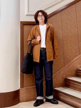 「TAKEO KIKUCHI（タケオキクチ）の【3D ナイロン ストレッチ】ジップアップ フードブルゾン（ブルゾン、ブラウン系）」を使った、のぐみさん（メンズ・155cm）の秋コーディネート