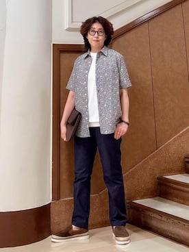 「TAKEO KIKUCHI（タケオキクチ）の【抗菌防臭／5サイズ展開】ハイゲージポンチ Tシャツ（Tシャツ/カットソー、ホワイト系）」を使った、のぐみさん（メンズ・155cm）の夏コーディネート