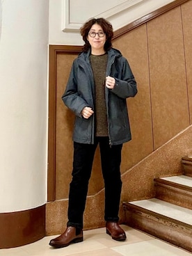 「TAKEO KIKUCHI（タケオキクチ）の【日本製】ストレッチ デニムパンツ（デニムパンツ、ブラック系）」を使った、のぐみさん（メンズ・155cm）の秋コーディネート