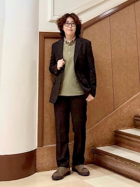 「TAKEO KIKUCHI（タケオキクチ）の【Sサイズ～】ラッセルメッシュ ジャケット（テーラードジャケット、ブラウン系）」を使った、のぐみさん（メンズ・155cm）の秋コーディネート