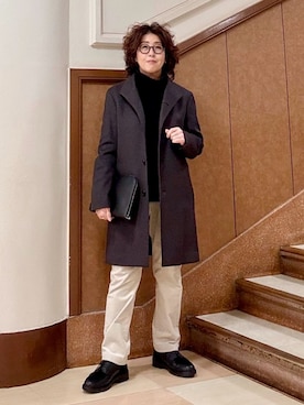 「TAKEO KIKUCHI（タケオキクチ）の【ウールカシミヤブレンド】ビーバー調 スタンドカラー コート（その他アウター、グレー系）」を使った、のぐみさん（メンズ・155cm）の冬コーディネート