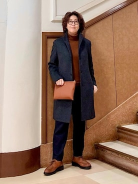 「TAKEO KIKUCHI（タケオキクチ）のカシミヤブレンド ビーバー調ピンヘッドスタンドカラーコート（その他アウター、グレー系）」を使った、のぐみさん（メンズ・155cm）の冬コーディネート