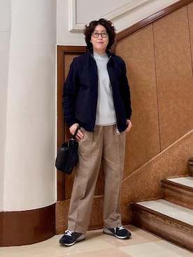 「TAKEO KIKUCHI（タケオキクチ）のスタンドカラー ショート リブ ブルゾン（ブルゾン、ブルー系）」を使った、のぐみさん（メンズ・155cm）の冬コーディネート