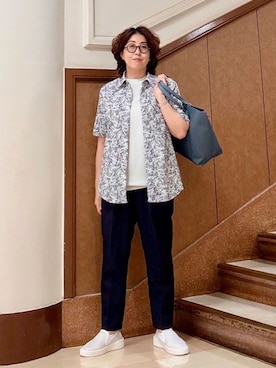 「TAKEO KIKUCHI（タケオキクチ）の【抗菌防臭／5サイズ展開】ハイゲージポンチ Tシャツ（Tシャツ/カットソー、グレー系）」を使った、のぐみさん（メンズ・155cm）の夏コーディネート