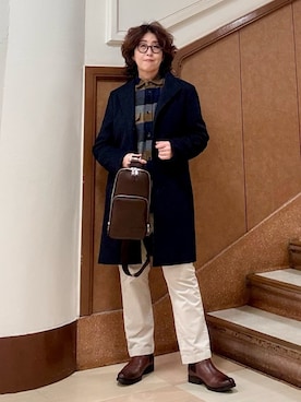 「TAKEO KIKUCHI（タケオキクチ）の【ウールカシミヤブレンド】ビーバー調 スタンドカラー コート（その他アウター、ブルー系）」を使った、のぐみさん（メンズ・155cm）の冬コーディネート