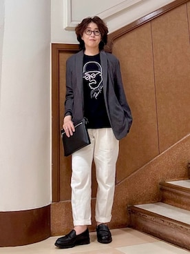 「TAKEO KIKUCHI（タケオキクチ）の【Sサイズ～】フェイスロープ刺繍 天竺Tシャツ（Tシャツ/カットソー、ブラック系）」を使った、のぐみさん（メンズ・155cm）の春コーディネート