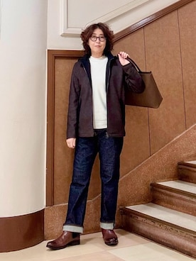 「TAKEO KIKUCHI（タケオキクチ）の【JUST ONE LAYER】ダウンファブリック ジップアップ フード ブルゾン（ブルゾン、グレー系）」を使った、のぐみさん（メンズ・155cm）の秋コーディネート